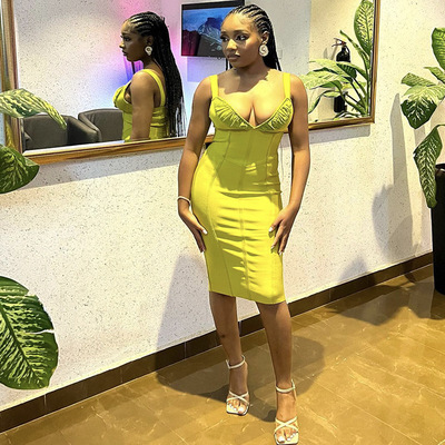 Fashionable and sexy deep v yellow dress