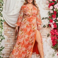 Plus size women's floral chiffon dress elegant holiday style long dress - Thumbnail 3