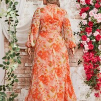Plus size women's floral chiffon dress elegant holiday style long dress - Thumbnail 4
