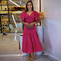 Summer new fashion V-neck ruffled short sleeve low waist pleated midi dress - Thumbnail 1