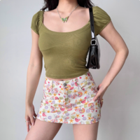 Simple Puff Sleeve U Neck Short Sleeve T-Shirt - Thumbnail 2
