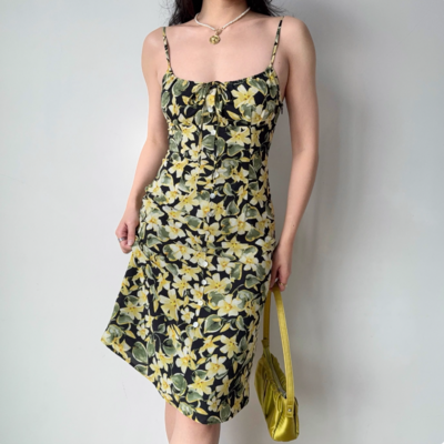 Women's summer mid-length printed suspender skirt