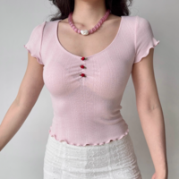 Three-dimensional small flower straight shoulder short-sleeved T-shirt with ruffled hem short top - Thumbnail 3