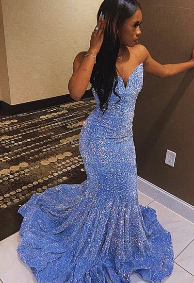 Blue Mermaid Prom Dresses for African Girls Sequins Lace Birthday Party Dress Evening Formal Dress
