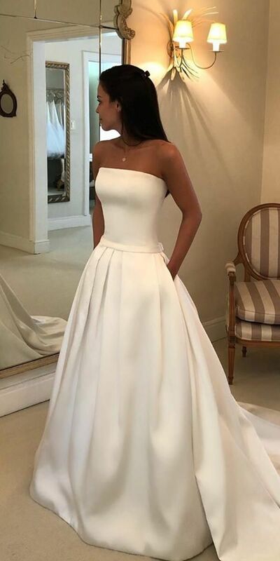 White strapless a-line pockets satin full length wedding dress,1945