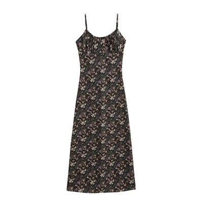 Versatile french retro high waist floral suspender dress
