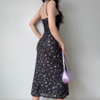 Retro sexy low-cut floral black dress - Thumbnail 1