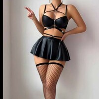 Lingerie Leather Underwear Halter Bra And Skirt Set Sexy Outfit  - Thumbnail 2