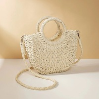 Women Summer Handwoven Straw Half-Moon Beach Handbag Large Capacity Hollow Out Crossbody Shoulder Bag - Thumbnail 4