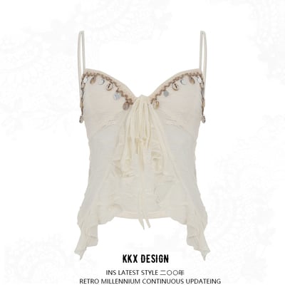 Shell tassel suspenders low collar showing chest lace irregular mesh sexy see-through vest