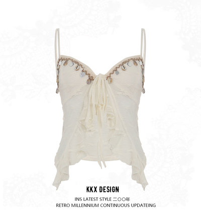 Shell tassel suspenders low collar showing chest lace irregular mesh sexy see-through vest