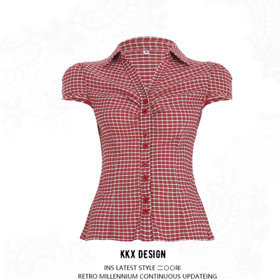 Ruffled v-neck check shirt