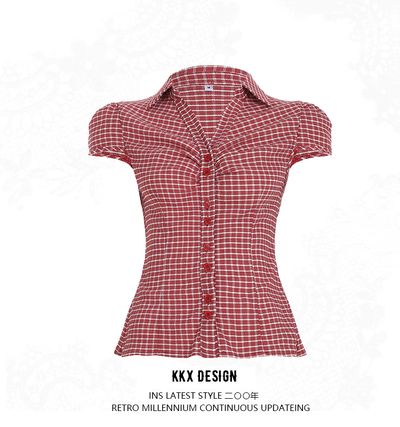 Ruffled V-neck check shirt