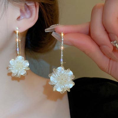 Sweet acrylic flower studded diamond long ear hook earrings