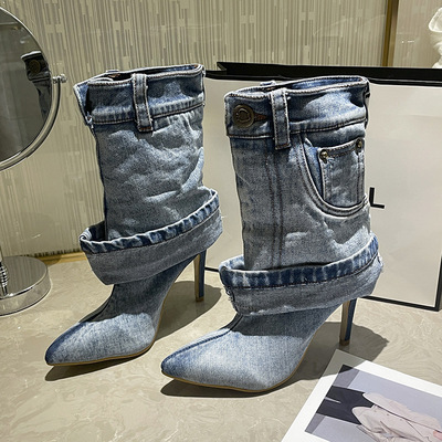  women short tube fashionable pleated pants high-heeled denim shoes