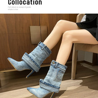  Women Short Tube Fashionable Pleated Pants High-Heeled Denim Shoes - Thumbnail 3