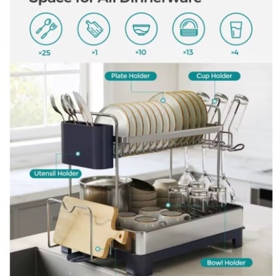 Songmics 2-tier dish drying rack – stainless steel kitchen counter organizer with 360° drain spout, utensil & cup holders