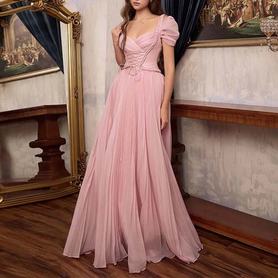 Pink evening dress pleated chiffon long dress