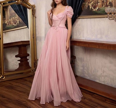 Pink Evening Dress Pleated Chiffon Long Dress