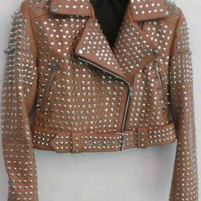 Crafted leather women's brown genuine cowhide leather silver studded brando style belted jacket
