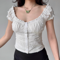 Retro Puff Sleeve Embroidery White Shirt Women's Summer U-neck Short Sleeve Slim Fit Top - Thumbnail 2