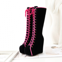 Platform Lace up Fashion Knee High Boots - Thumbnail 7