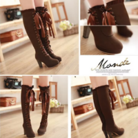 Women's Thigh High Lace-Up Boots in Black and Brown - Thumbnail 2