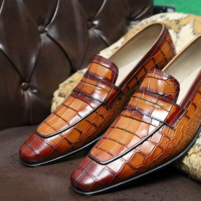 Crafted leather handmade men brown crocodile leather alligator moccasin loafers dress shoes