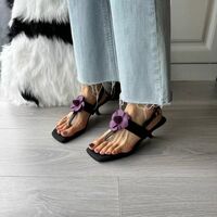  Black Handmade Flower Flip-Toe Stiletto Leather Sandals - Thumbnail 6