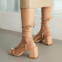 Strappy Block Heel Square Open Toe  Large Size Customization Sandals - Thumbnail 7