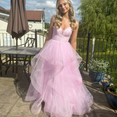 Shiny pink tulle tiered a line prom dresses