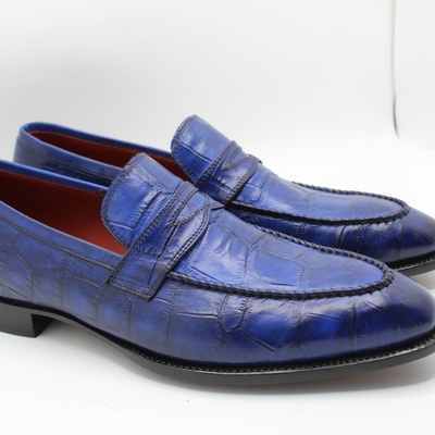 Crafted leather handmade men blue crocodile leather moccasin loafers dress shoes
