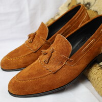 Crafted Leather Handmade Men Brown Suede Leather Fringes Tassel Loafers Dress Shoes - Thumbnail 1