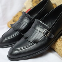 Crafted Leather Handmade Men Black Leather Fringes Monk Strap Dress Shoes - Thumbnail 3