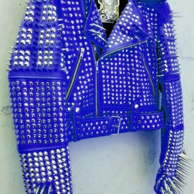 Crafted leather women classy blue leather studded jacket with silver studs and spikes