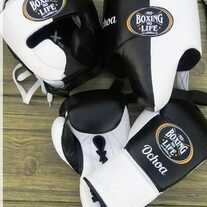 Custom Genuine Cowhide Leather No Boxing No Life Boxing Gloves Set Head Guard And Groin Guard Cup Protector ( Black White )
