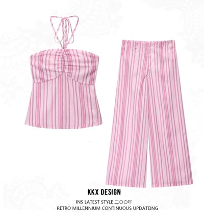 Fashionable halterneck cropped top and casual trousers set