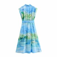 Printed Bird Circular Flower Shirt Lapel Maxi Dress - Thumbnail 1