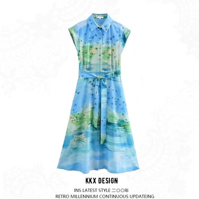 Printed bird circular flower shirt lapel maxi dress