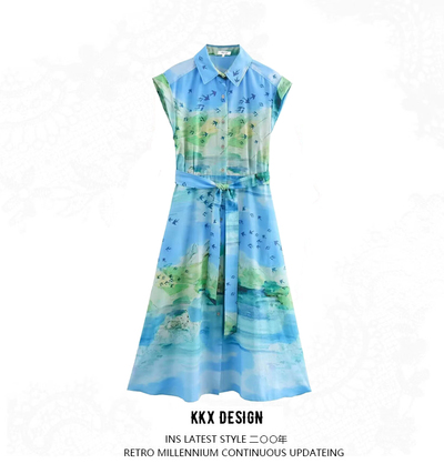Printed Bird Circular Flower Shirt Lapel Maxi Dress
