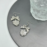 Silver Bowknot Baroque Cherub Heart Drop Earrings - Thumbnail 3