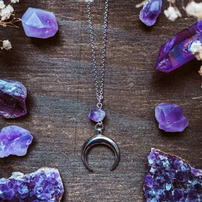 Witchy Amethyst Crescent Moon Pendant Necklace 