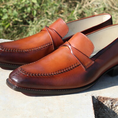 Crafted leather handmade men classic brown leather loafers dress shoes 