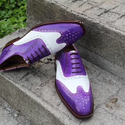 Crafted leather classic handmade purple white dress shoes