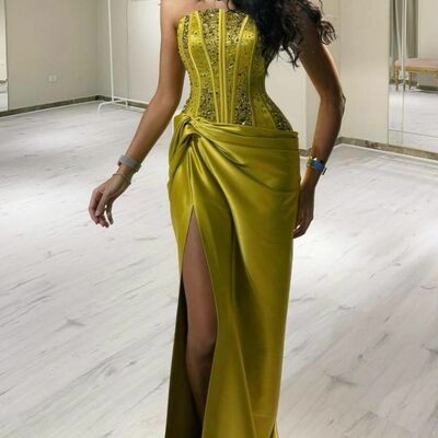 Green sheath prom dresses strapless beading crystals evening gowns formal party gowns