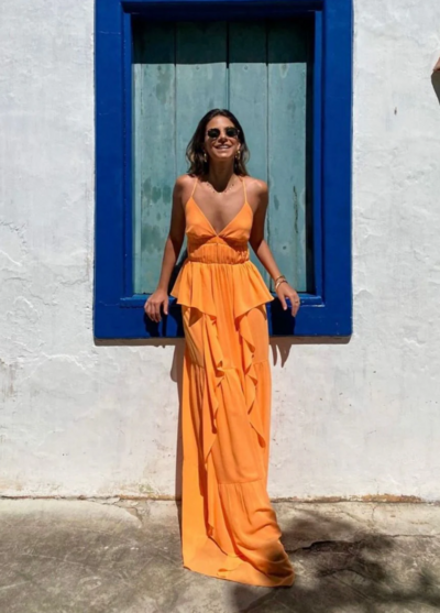 Straps A-line Orange Chiffon Prom Dress,Wedding Guest Dress