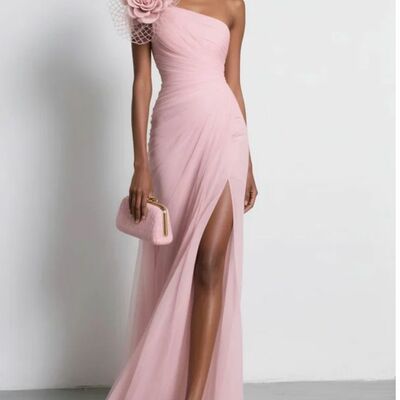 Pink sheath prom dresses one shoulder handmade flower evening gowns formal party gowns - Thumbnail 3