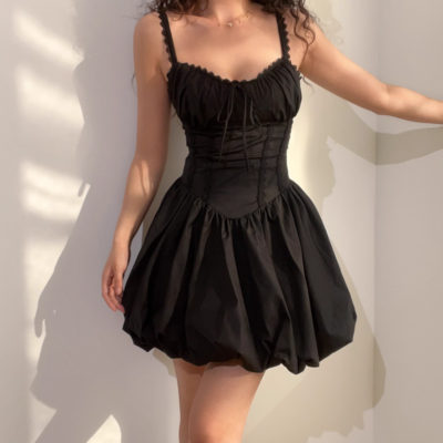 Back drawstring lace patchwork herringbone waist suspender dress