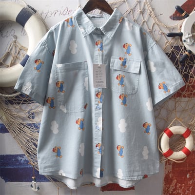 Blue sky white clouds bear graffiti print blouses