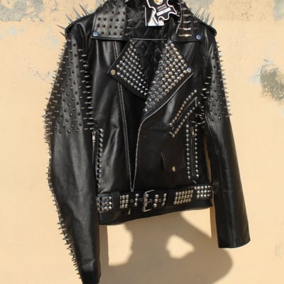 Crafted leather women punk style studded leather jacket large spike sliver studs